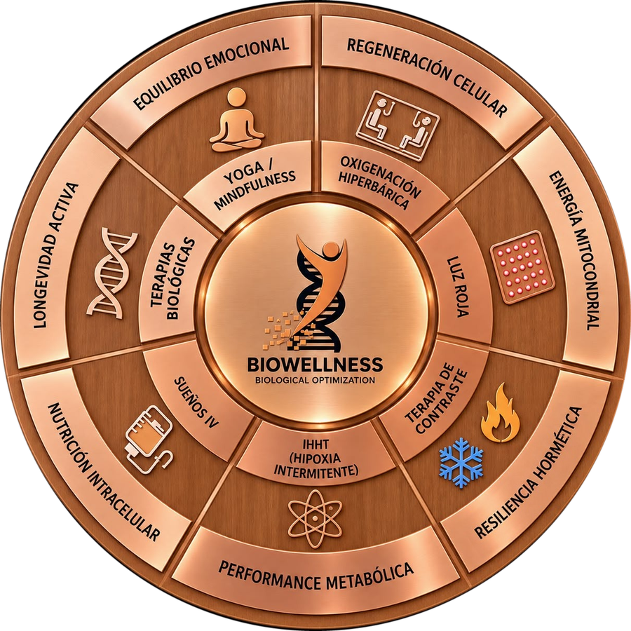 Rueda de Biowellness: los resultados a los que apuntan las terapias del centro, en el anillo exterior, y las terapias que los empujan, en el interior.