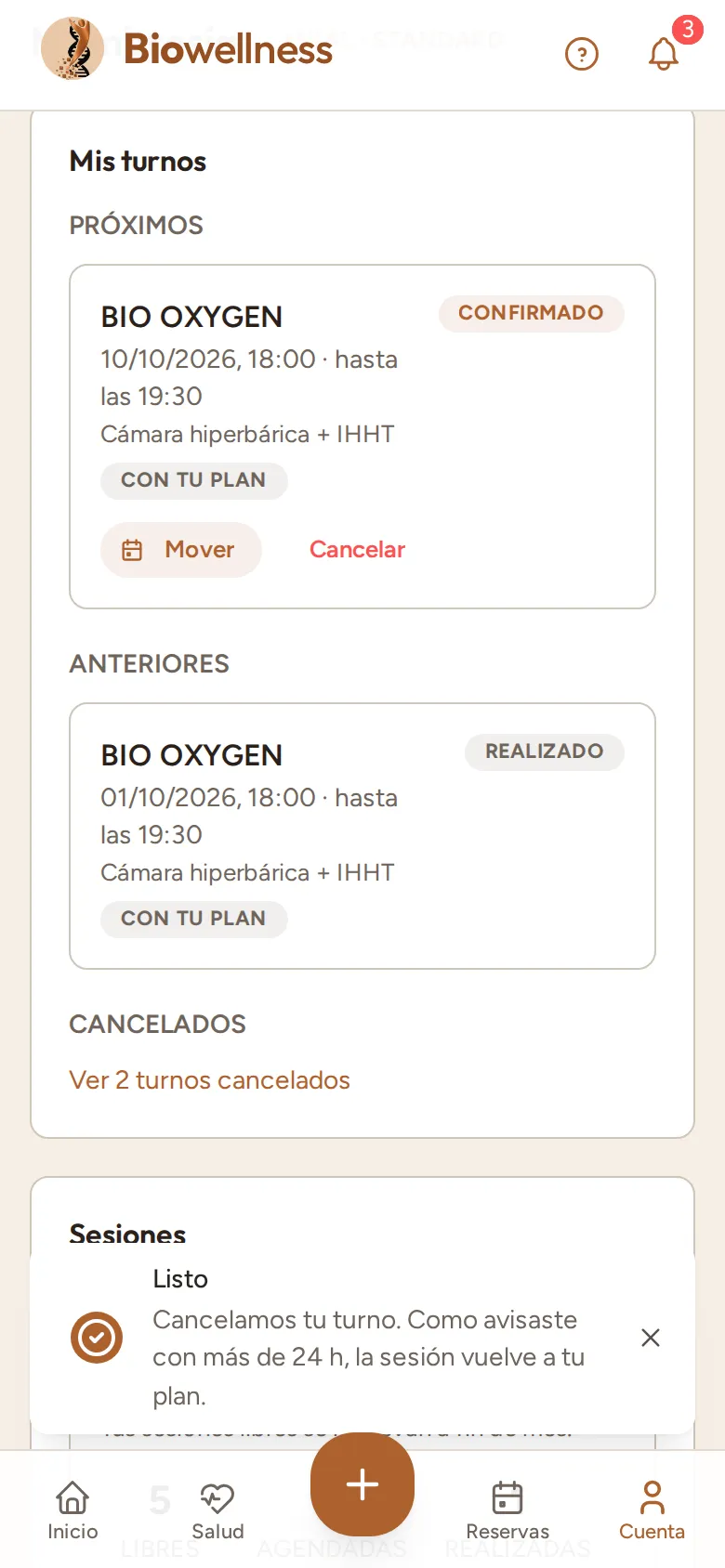 Mis turnos después de cancelar: queda una sesión próxima y el aviso «Cancelamos tu turno. Como avisaste con más de 24 h, la sesión vuelve a tu plan».