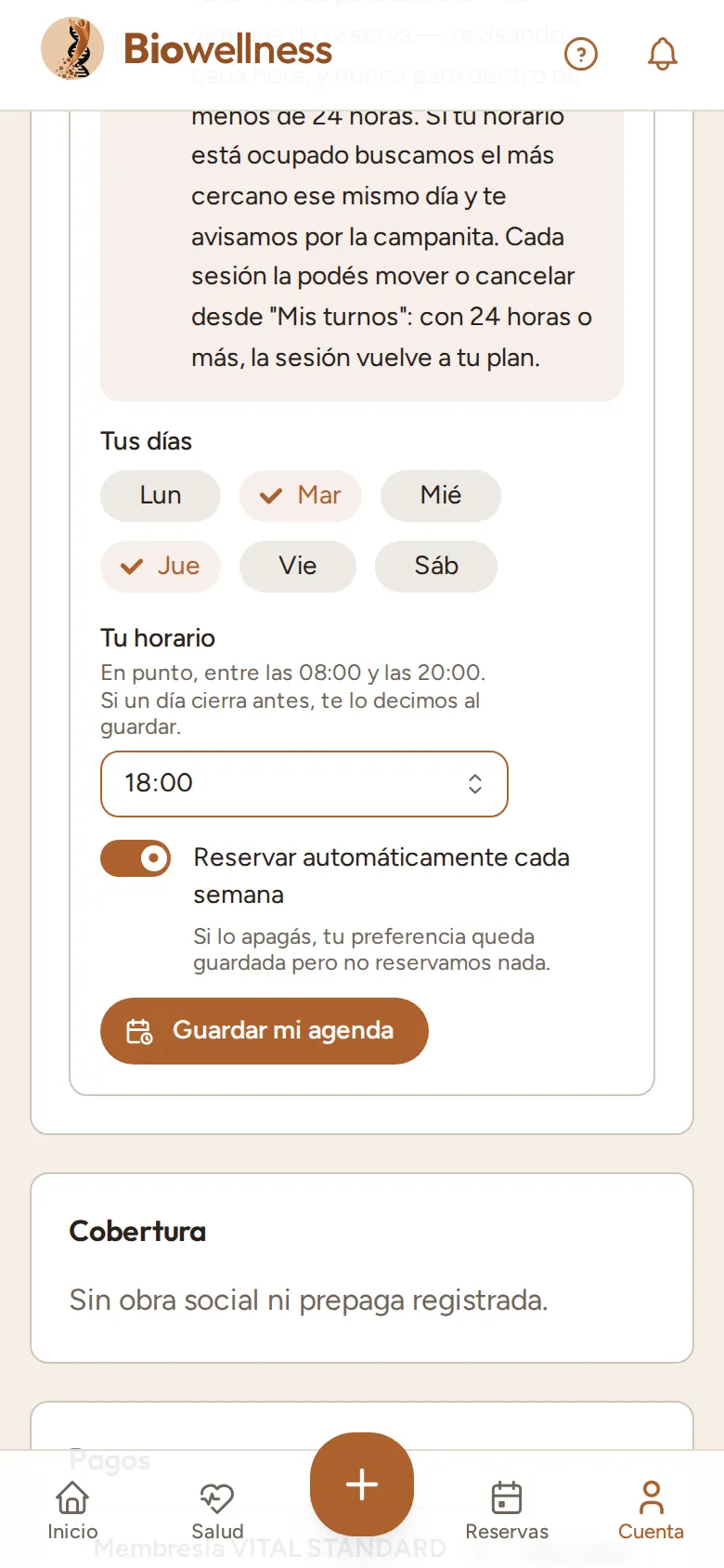La tarjeta Agenda semanal con los días Mar y Jue marcados, el horario 18:00 elegido y el botón Guardar mi agenda.