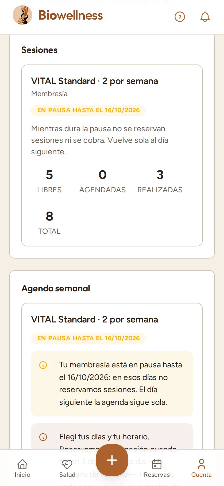 La tarjeta Sesiones y la Agenda semanal con el cartel En pausa hasta el 16/10/2026 y el aviso de que en esos días no se reservan sesiones.