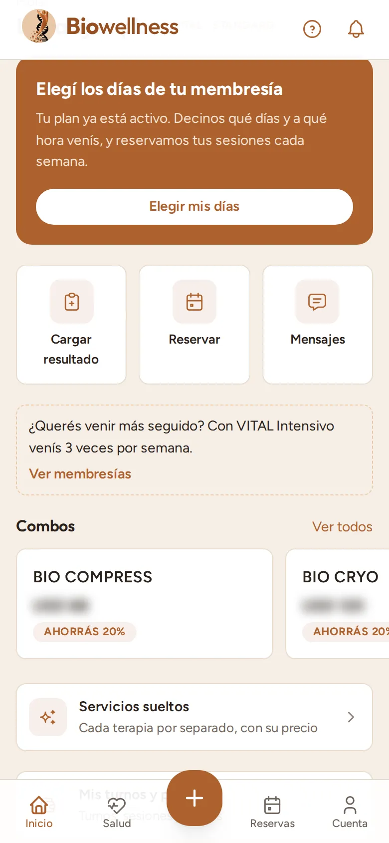 El Inicio con la tarjeta «Elegí los días de tu membresía: tu plan ya está activo, decinos qué días y a qué hora venís» y el botón Elegir mis días.