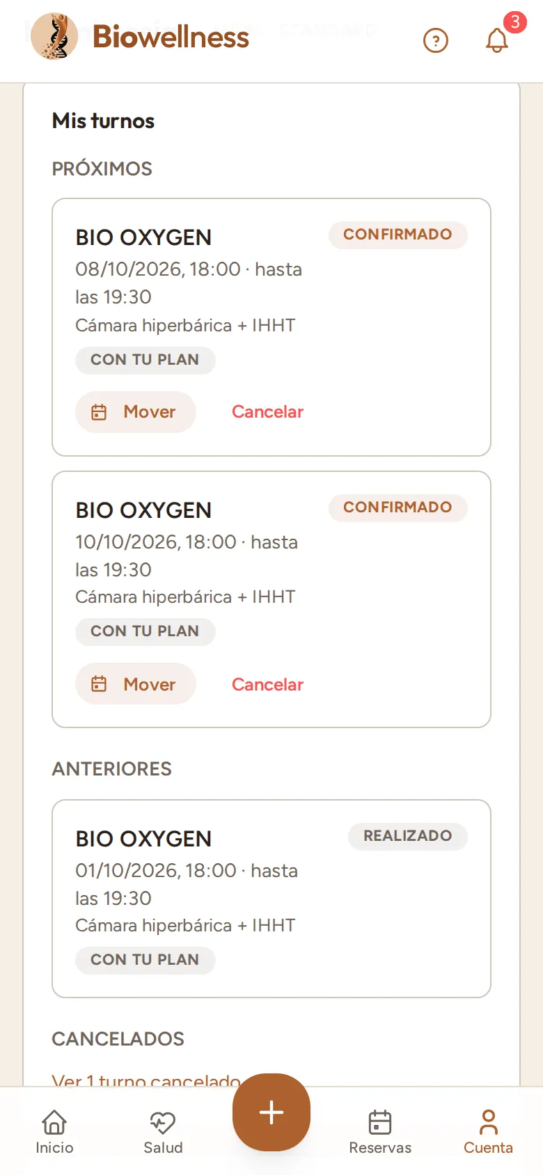 Mis turnos: dos sesiones próximas de BIO OXYGEN a las 18:00, hasta las 19:30, Cámara hiperbárica + IHHT, marcadas Con tu plan y con los botones Mover y Cancelar; abajo, una realizada y el enlace a las canceladas.