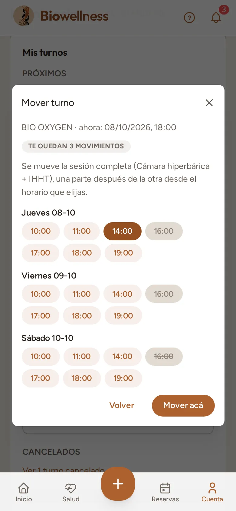 La ventana Mover turno: la sesión actual, el cartel Te quedan 3 movimientos, la aclaración de que se mueve la sesión completa, y los horarios libres de jueves, viernes y sábado con las 14:00 elegidas.