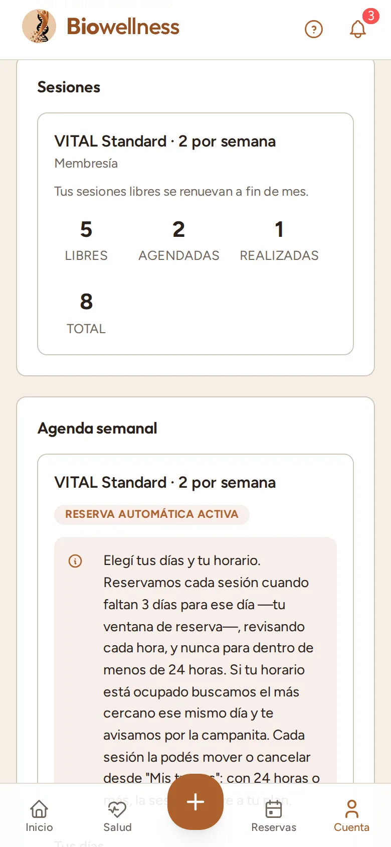 La tarjeta Sesiones del plan VITAL Standard · 2 por semana: 5 libres, 2 agendadas, 1 realizada y 8 en total.
