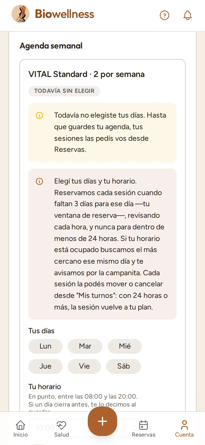 La tarjeta Agenda semanal con el cartel Todavía sin elegir y el aviso de que, hasta guardar la agenda, las sesiones se piden desde Reservas.