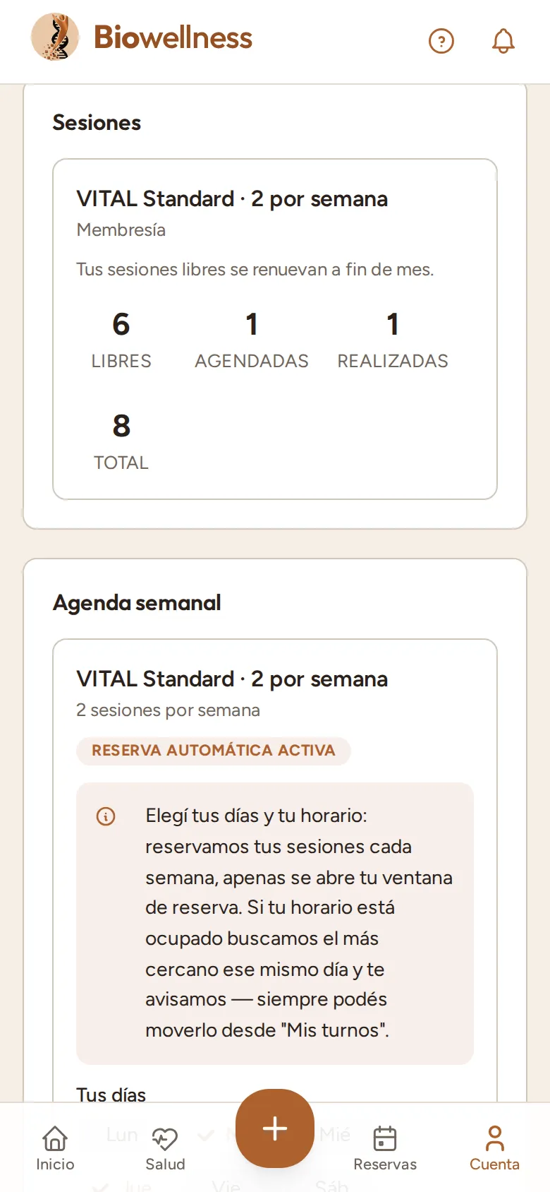 Pantalla Membresía con el plan activo: VITAL Standard · 2 por semana, con 6 sesiones libres, 1 agendada, 1 realizada y 8 en total.