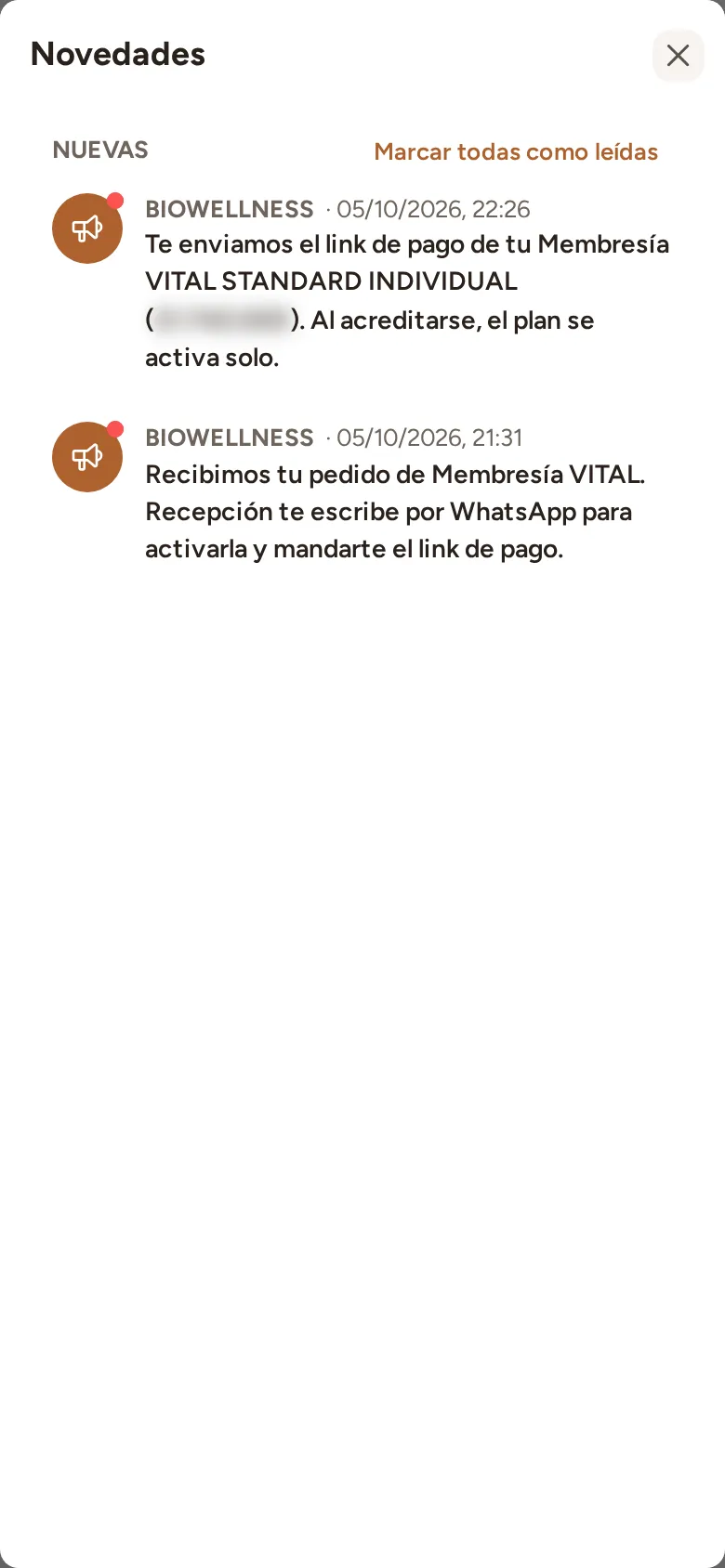 El panel Novedades de la campanita con dos avisos: Recibimos tu pedido de Membresía VITAL, y Te enviamos el link de pago de tu membresía.