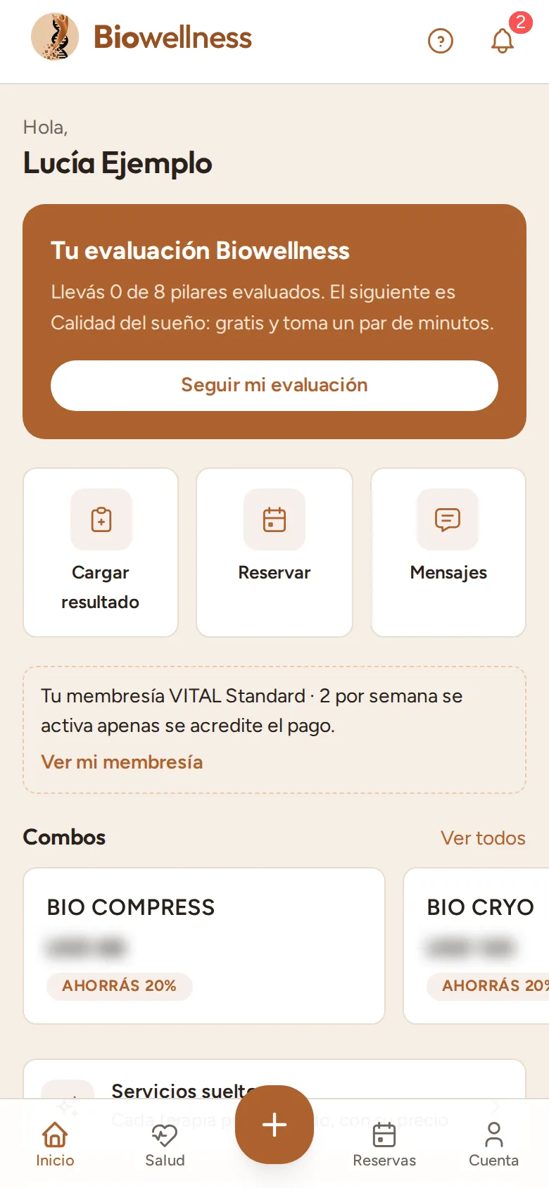 El Inicio con la línea «Tu membresía VITAL Standard · 2 por semana se activa apenas se acredite el pago» y el enlace Ver mi membresía.