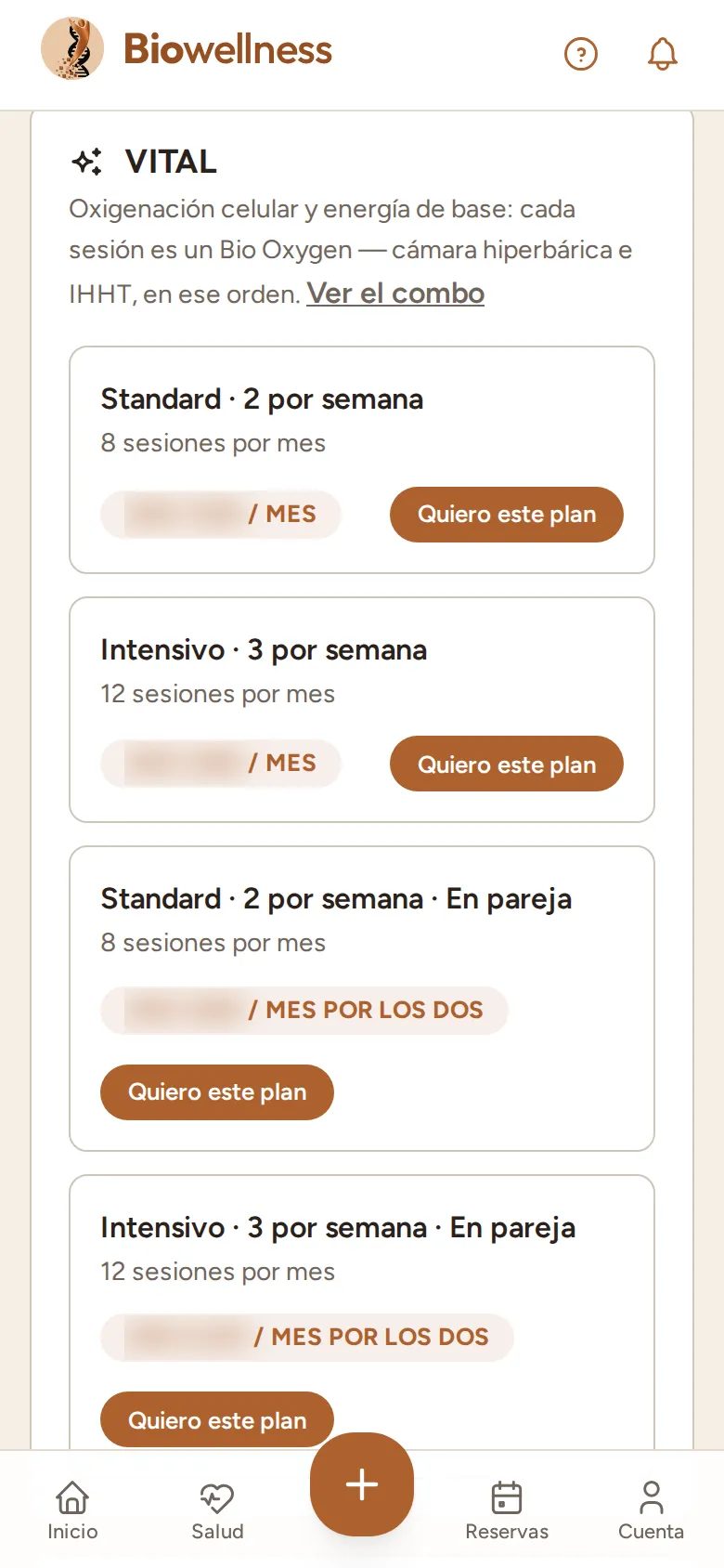 Pantalla Membresías: la tarjeta del nivel VITAL con sus variantes Standard, Intensivo y En pareja, cada una con su botón Quiero este plan.