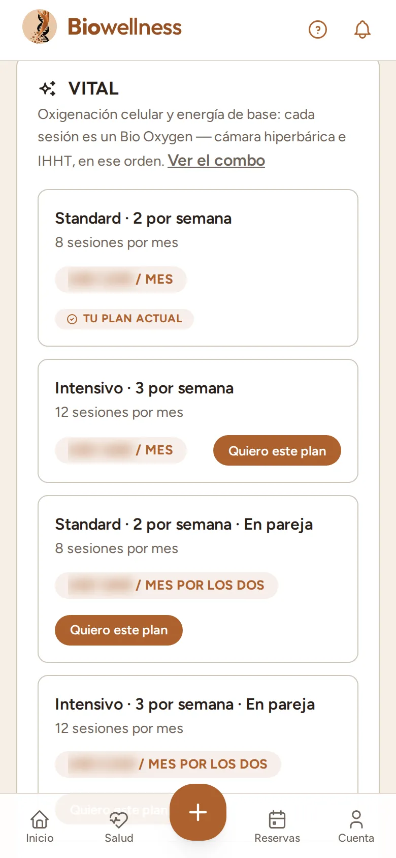 Pantalla Membresías vista por una socia: la variante Standard de VITAL marcada Tu plan actual, y las demás con su botón Quiero este plan.